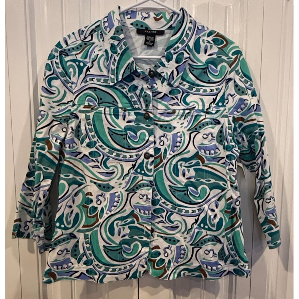 Kaktus Womens XL Paisley Abstract Art Jacket Button Front 3/4 Sleeve Boho